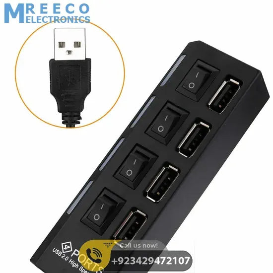 4 port USB Hub Hi-Speed USB 2.0 with Power LEDs - Side View