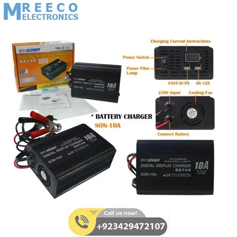 Suoer 10A 6V 12V Automatic Adaptive Digital Display Fast Battery Charger - Front View