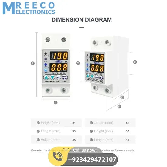 TOMZN TOVPD1-60 Adjustable Over And Under Voltage Relay Voltage Fluctuation Protection Device In Pakistan - Angle View