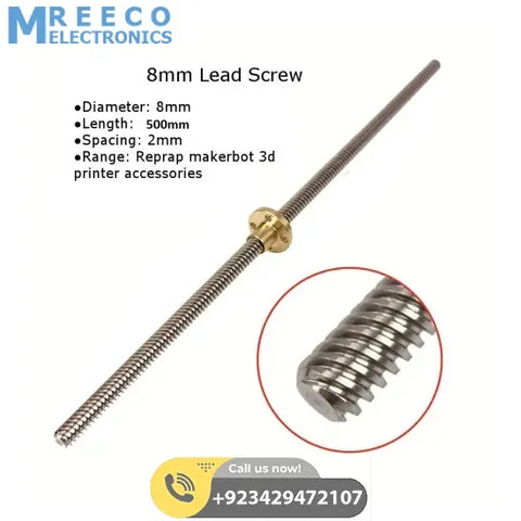 Threaded Rod Lead Screw 8mm 500mm - Front View