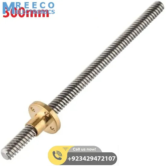 T8 300mmx8mm Screw Threaded Rod With Brass Nut - Front View