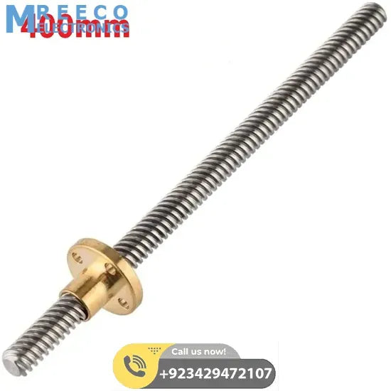 T8 400mmx8mm Screw Threaded Rod With Brass Nut - Front View