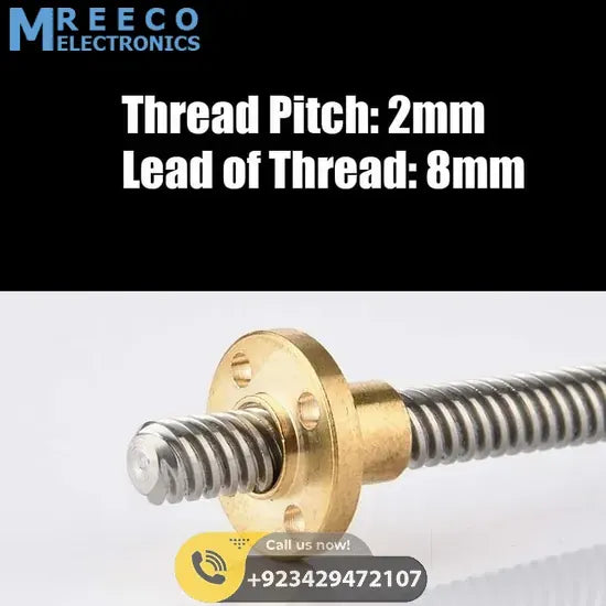 T8 400mmx8mm Screw Threaded Rod With Brass Nut - Angle View
