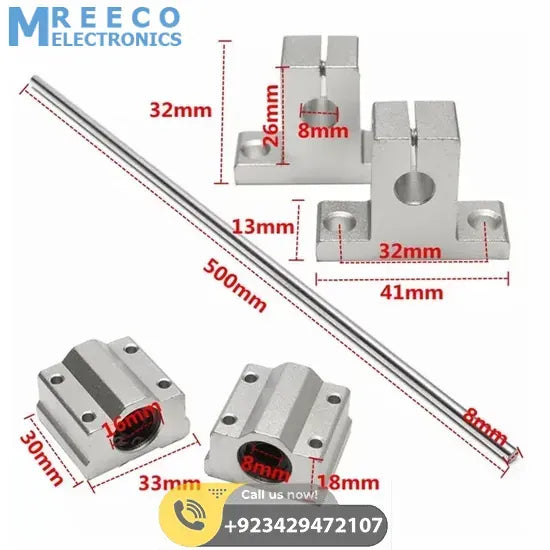 8mm x 500mm Linear Rail Shaft Rod with Bearing Guide Support and Bearing Block - Side View