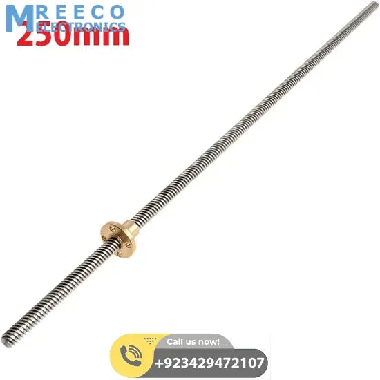 T8 250mmx8mm Screw Threaded Rod With Brass Nut - Front View
