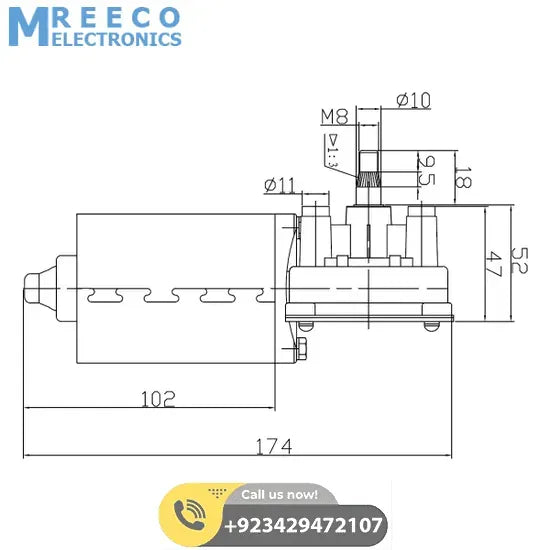 12V 50W Worm Gear Motor - Top View