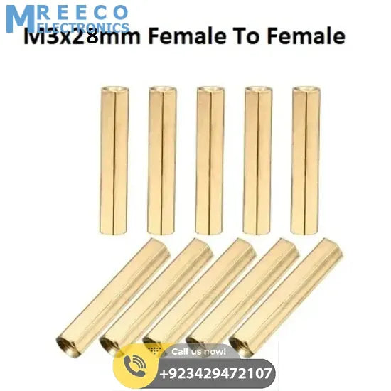 M3x28mm Female To Female Thread Brass Hex Standoff PCB Pillar Spacer - Front View