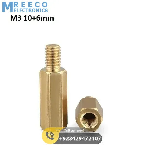 M3 10+6mm Male-Female Brass Hex Standoffs PCB Spacer Pillar - Front View