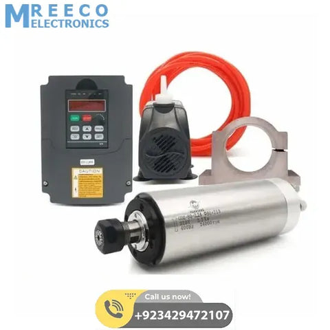VFD CNC Water cooled spindle Motor kit 220V 800W 1HP Spindle Motor & 1500W VFD & Cooling Water Pump & 65mm Clamp Mount In Pakistan - Front View