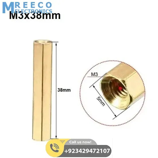 M3x38mm Female To Female Thread Brass Hex Standoff PCB Pillar Spacer - Front View