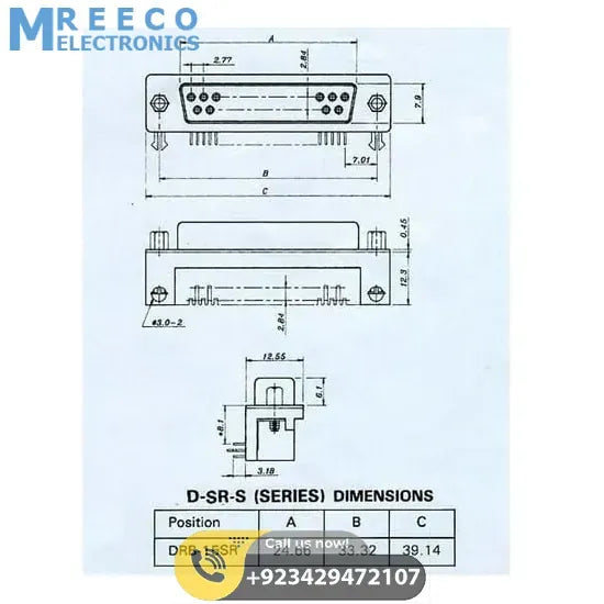 DB15 Female Right Angle Connector 0.318 DB 15SR PCB Mounting 15 Pin 2 Rows Connector - Back View