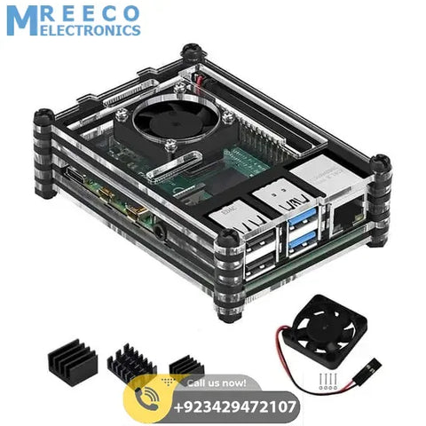 Transparent Acrylic Case For Raspberry Pi 4B With Cooling Fan And Heat Sink Clear And Black Case - Front View