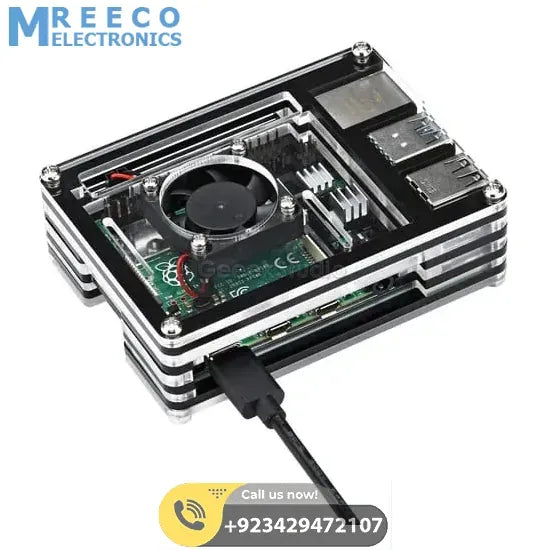 Transparent Acrylic Case For Raspberry Pi 4B With Cooling Fan And Heat Sink Clear And Black Case - Back View