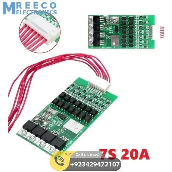 7s 24v 20A 18650 Lithium Lion Battery Charger Module Protection Board BMS PCB With Wire - Front View