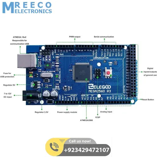 Original ELEGOO Arduino MEGA R3 Board ATmega 2560 With USB Cable Compatible with Arduino IDE Projects Italy Quality - Display View