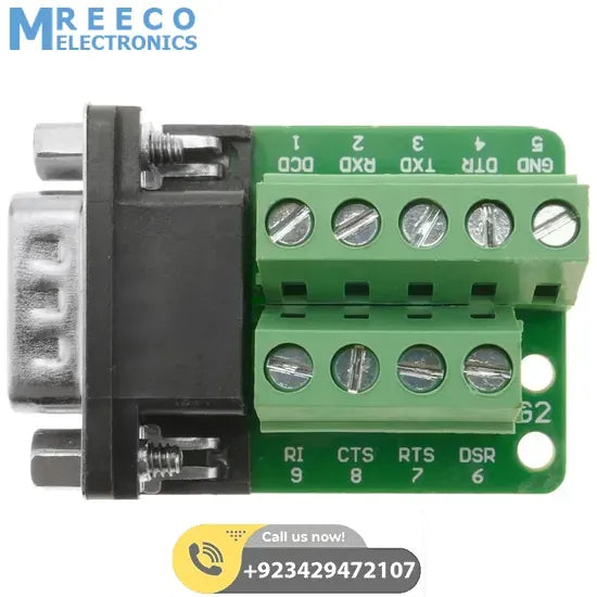 RS232 Adapter serial connection DB9-male to 9-pin terminal block Breakout Board - Front View