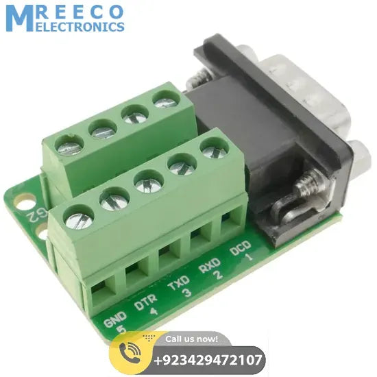 RS232 Adapter serial connection DB9-male to 9-pin terminal block Breakout Board - Side View