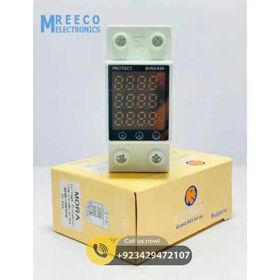 MORA 63A OVER AND UNDER VOLTAGE AND CURRENT PROTECTION RELAY with KWH 3 in 1 in Pakistan - Front View