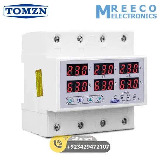 ORIGINAL TOMZN TOVPD3-63VA 3 Three Phase Automatic Over And Under Voltage Protection Relay - Front View