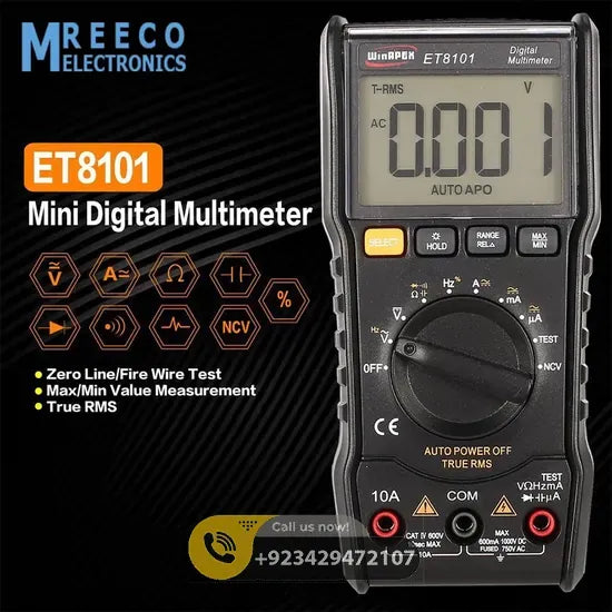 ET8101 True-RMS Digital Multimeter AC/DC Voltage Current Tester with Resistance Capacitance Diode NCV Measurement - Front View