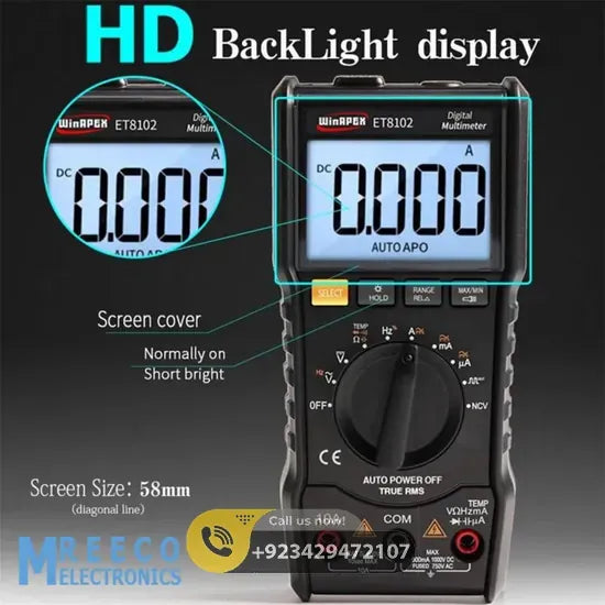 ET8102 True RMS Digital Display Pocket Size Multimeter 1000V 10A Voltmeter Ammeter - Front View