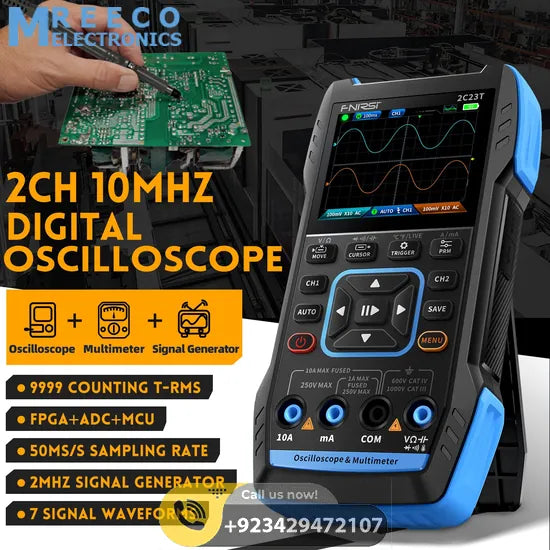 FNIRSI® 2C23T Handheld Dual Channel 3-in-1 10MHz 50MS/s Oscilloscope Multimeter DDS Function Generator