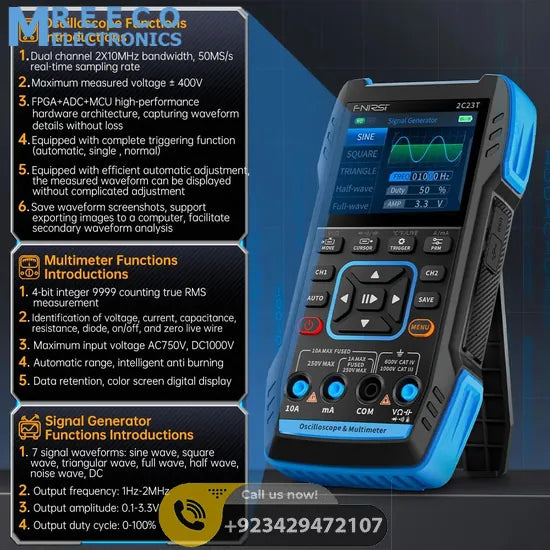 FNIRSI® 2C23T Handheld Dual Channel 3-in-1 10MHz 50MS/s Oscilloscope Multimeter DDS Function Generator