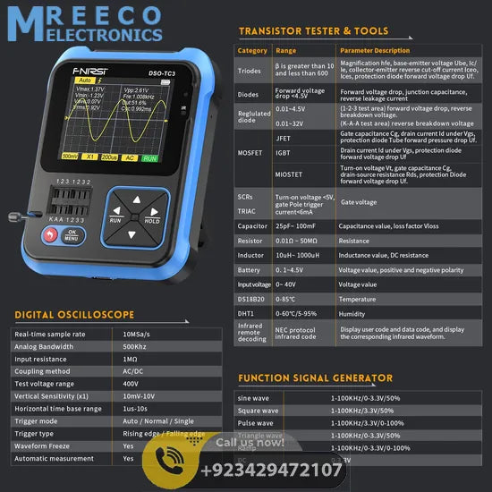 FNIRSI® DSO-TC3 3-IN-1 Handheld 500KHz 10MS/s Digital Oscilloscopes Signal Generator Transistor Tester
