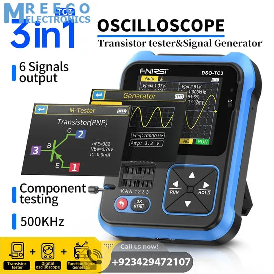 FNIRSI® DSO-TC3 3-IN-1 Handheld 500KHz 10MS/s Digital Oscilloscopes Signal Generator Transistor Tester