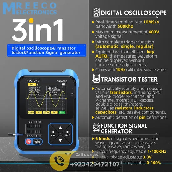 FNIRSI® DSO-TC3 3-IN-1 Handheld 500KHz 10MS/s Digital Oscilloscopes Signal Generator Transistor Tester